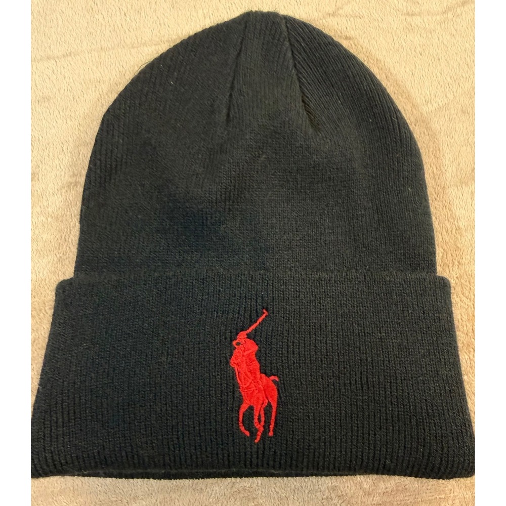 Polo Ralph Lauren Beanie Hat Black Red Big Pony Logo Knit Cuffed Winter Cap